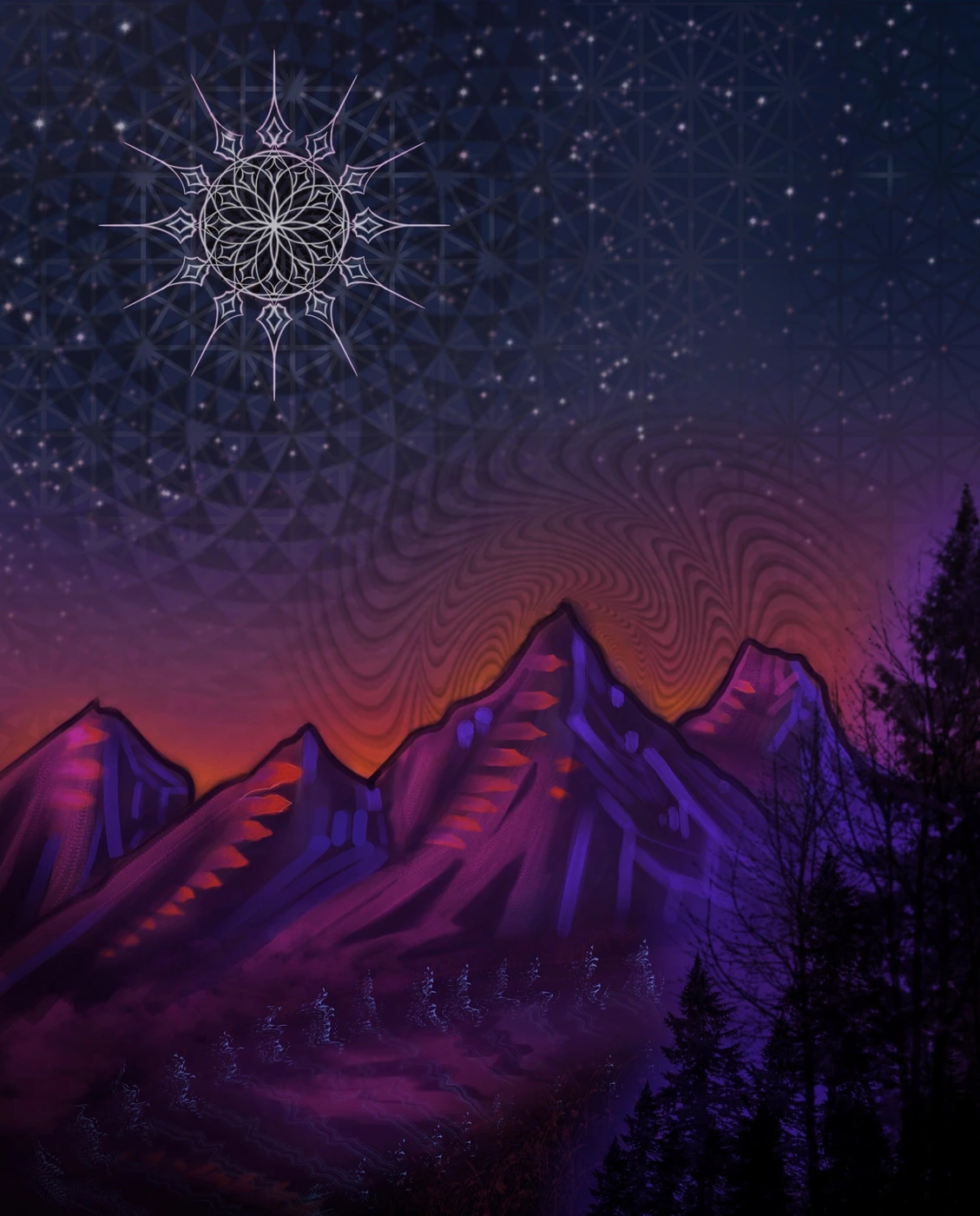 Digital piece: violet mountains under a lattice of stars, a white geometric sun above them and the last orange light on the horizon.