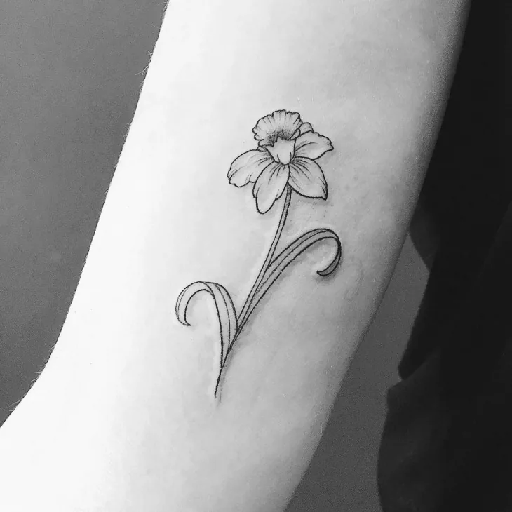 Fine-line daffodil tattooed on the inside of a forearm.