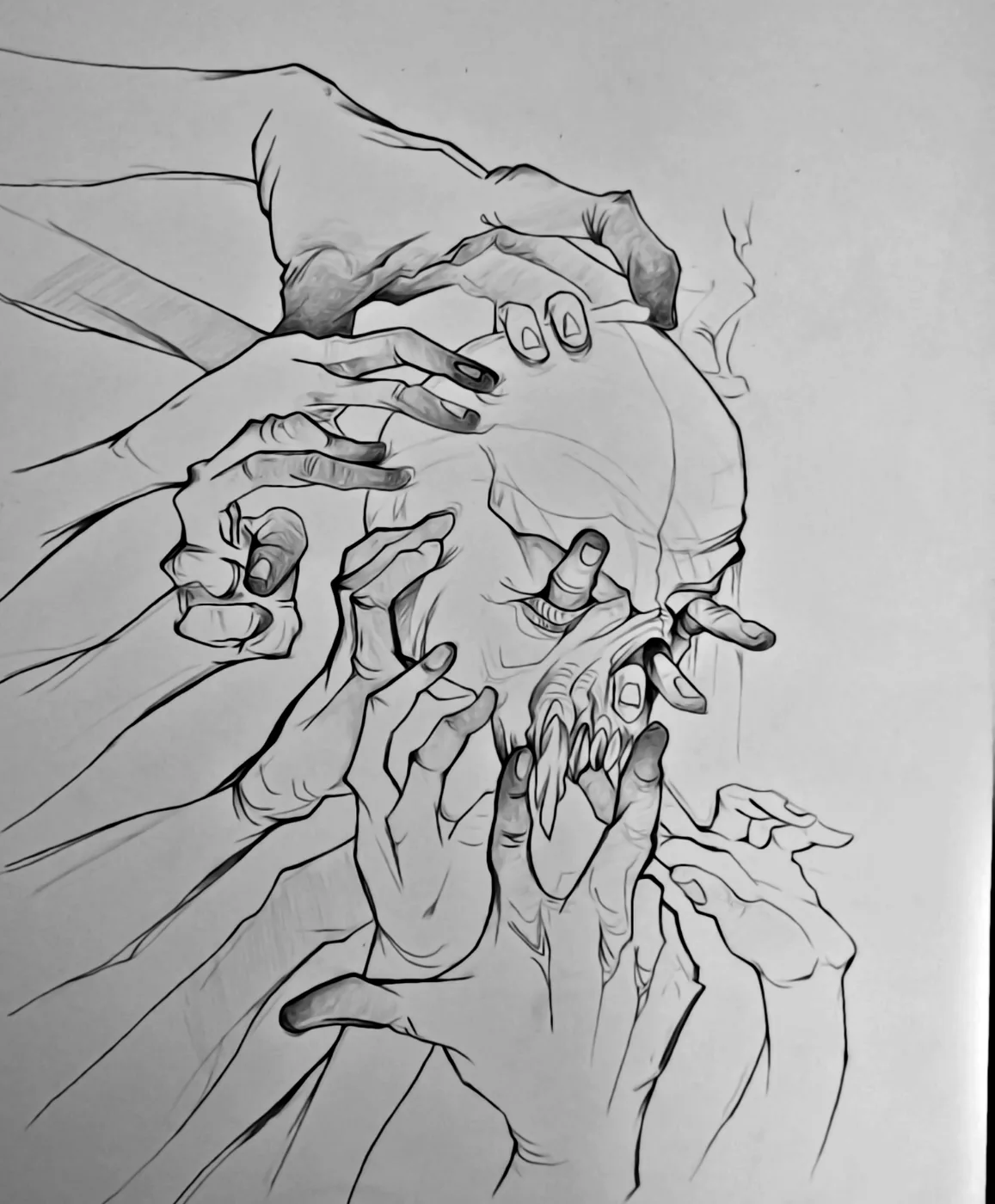Pencil drawing: a crowd of hands closing over a skull.