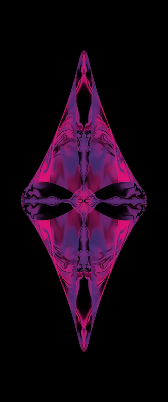 Digital piece: a symmetrical magenta and violet form on black, tapering to a point at each end.