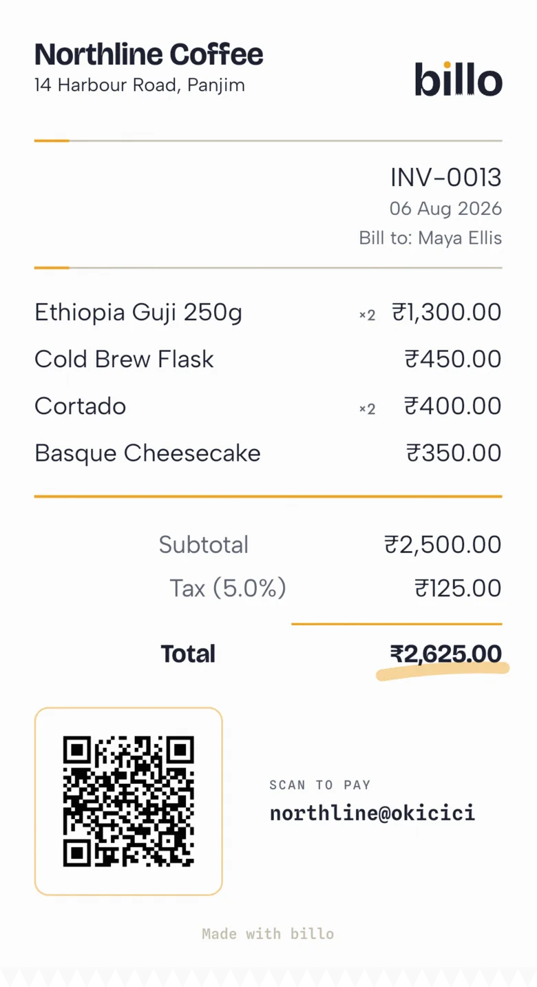 A billo bill for Northline Coffee: four items, tax, a total of ₹2,625.00 and a payment QR, on a torn receipt.